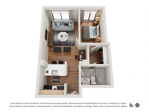 Floor plan for 1 bed, 1 bath, 500 sqft